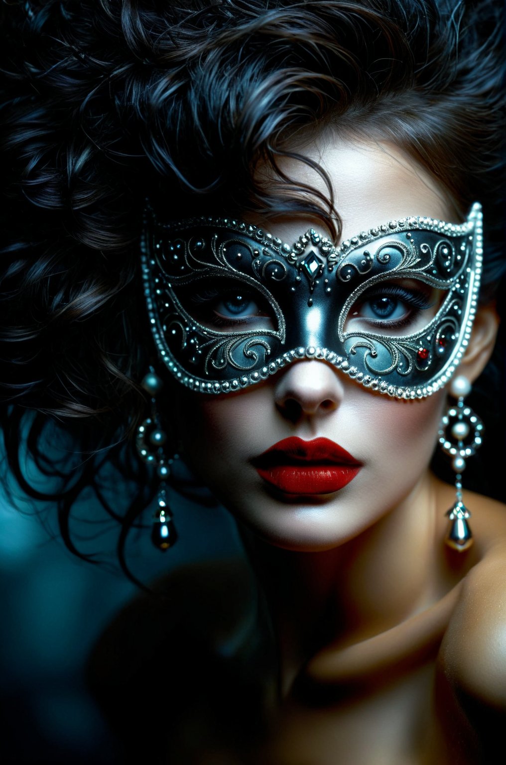 Dark Moody Atmosphere, (masterpiece), (best quality), (ultra-detailed), {A woman in a carnival mask}, disheveled hair, detailed eyes, perfect composition, moist skin, intricate details, earrings, dramatic, mysterious, dark moody atmosphere