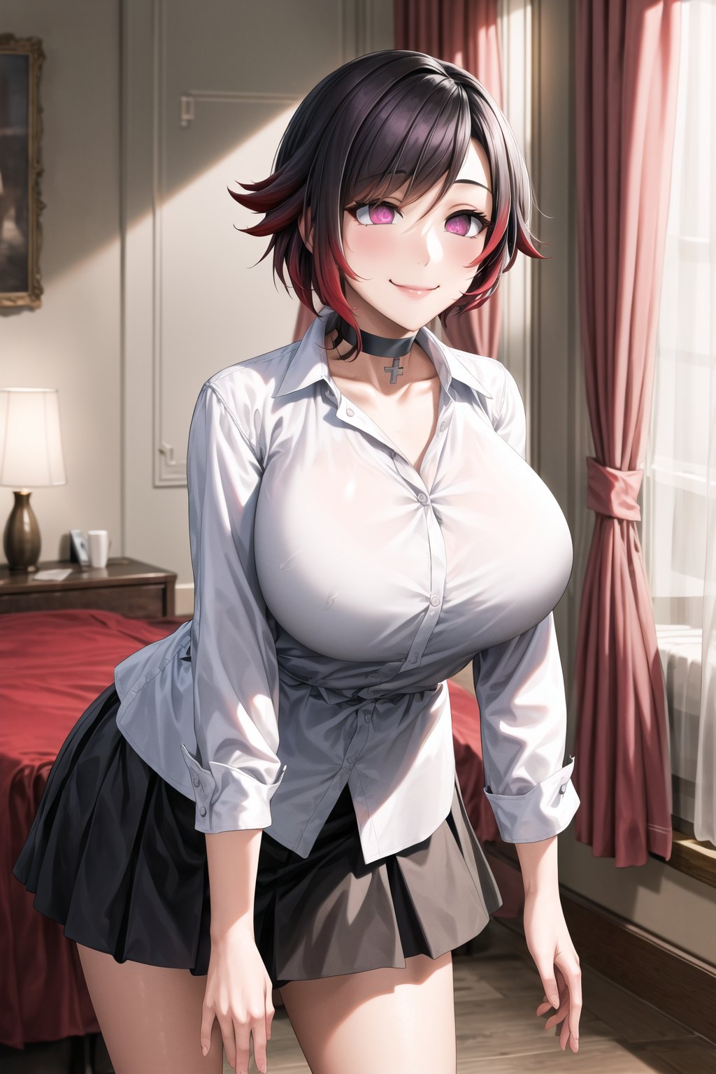 masterpiece, best quality, highres, ,((ruby rose)), Slouching, smile,  huge breasts, choker, leaning forward,hotel,aisle, indoors, love hotel, empty eyes, pink eyes, purple eyes,shirt, white shirt