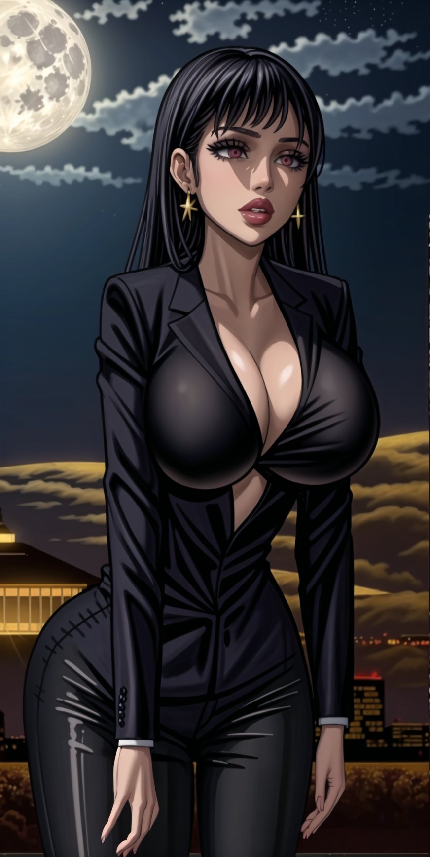 noelle_silva, bangs, ((black hair)), ((long hair)),  (((hoop earrings, makeup, lips))), ((large breast)) ,(((narrow_waist))), ((((black suit, black pants)))), white shirt, 1girl, earrings, jewelry, night, solo, outdoors, city, star \(sky\), moon, night sky, red eyes, starry sky, sky, shirt, moonlight, standing, full moon, suit, cowboy shot, day,  pants, blue sky,((((black business suit,unbuttoned,breast,lingerie, breast expose)))),unbuttoned ,standing,sexy lawyer,glistening skin, (black suit:1.5),  , (((Slouching))),,b1mb0,<lora:659111690174031528:1.0>