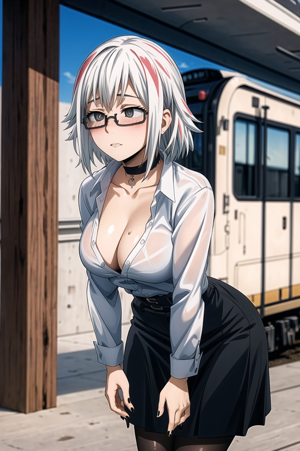 ((best quality)),  ((highly detailed)),  masterpiece,  ((official art)), solo, 1girl,   lips,black nails ,Fuyumi todoroki :1.2, (glasses),blush, expressionless, skirt,unbuttoned:1.2,pencil skirt, choker, shirt, cleavage, long sleeves, miniskirt, ((large breasts)),(narrow waist:1.2), pantyhose, black skirt, breasts, high-waist skirt, white shirt,  black choker, dress shirt, black legwear, train station, train,Slouching,leaning forward,empty eyes,