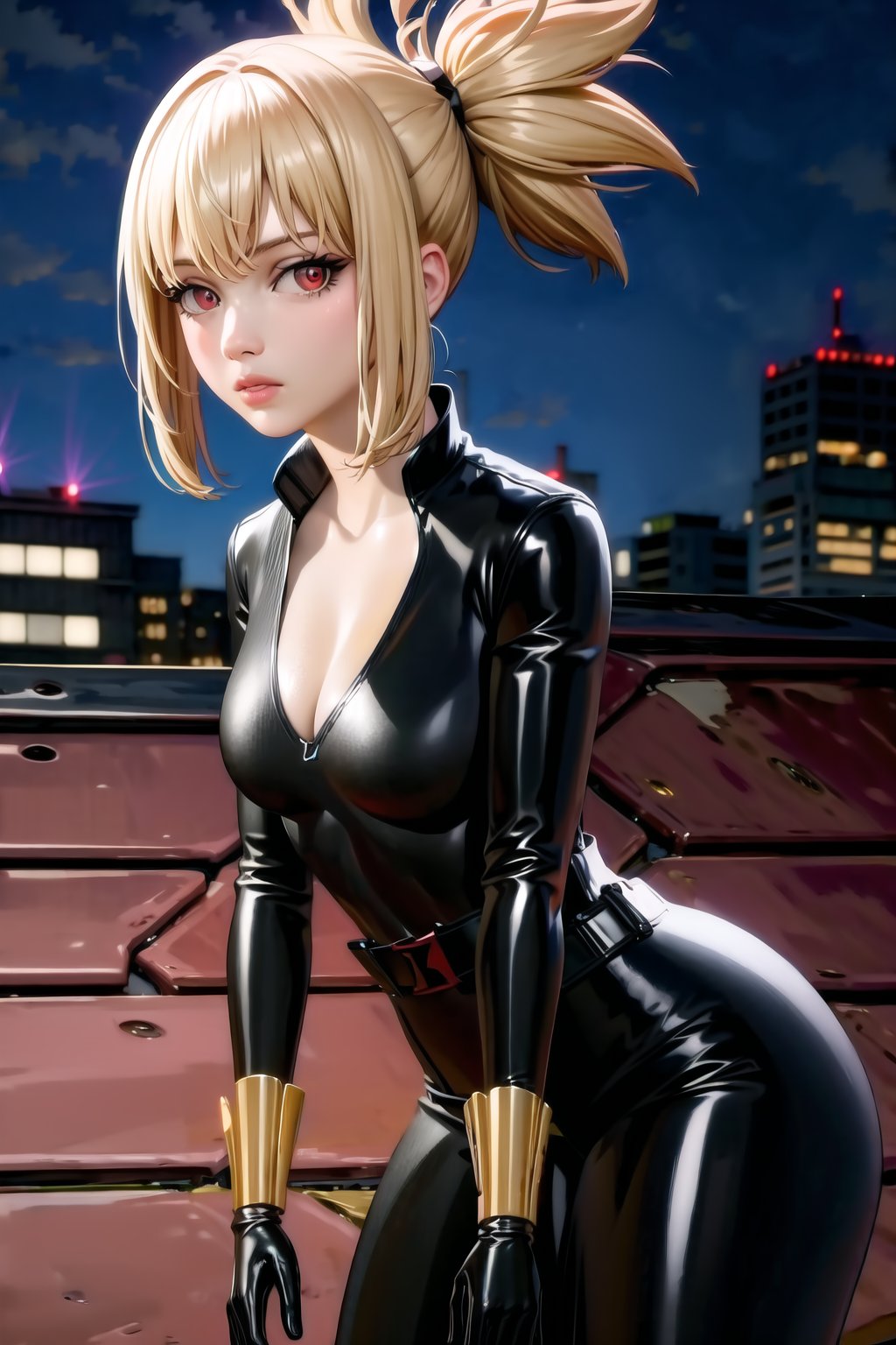 masterpiece, best quality, (red eyes), ((expressionless)),lips, (black bodysuit), cleavage, black belt, black gloves, bracelet, cityscape, looking at viewer, night, rooftop, Black pants, latex, contrapposto, thighs,blkwidow,StandingAtAttention,kohaku, blonde hair, Black hair_scrunchie, ponytail, bang, sidelocks,Slouching