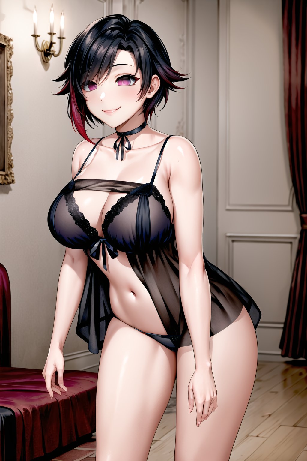 masterpiece, best quality, highres, ,((ruby rose)), (Slouching), smile,  huge breasts, choker, ((leaning forward)),hotel,aisle, indoors, love hotel, empty eyes, pink eyes, purple eyes,babydoll, black color babydoll, black negligee, black panties, thong, navel,thong