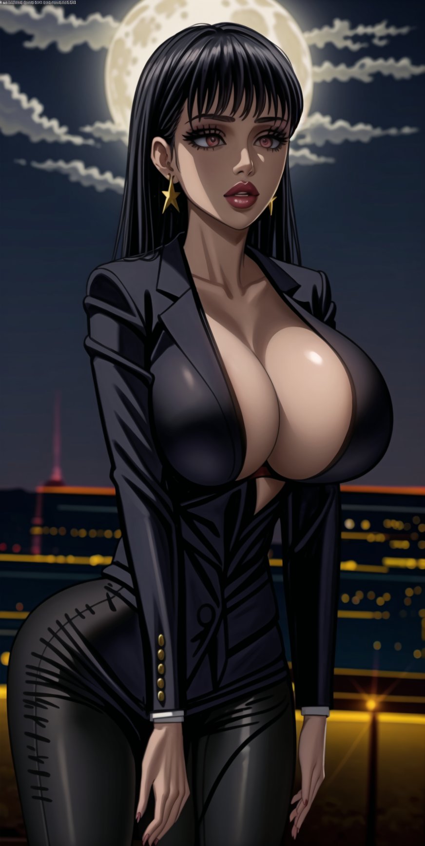 noelle_silva, bangs, ((black hair)), ((long hair)),  (((hoop earrings, makeup, lips))), ((large breast)) ,(((narrow_waist))), ((((black suit, black pants)))), white shirt, 1girl, earrings, jewelry, night, solo, outdoors, city, star \(sky\), moon, night sky, red eyes, starry sky, sky, shirt, moonlight, standing, full moon, suit, cowboy shot, day,  pants, blue sky,((((black business suit,unbuttoned,breast,lingerie, breast expose)))),unbuttoned ,standing,sexy lawyer,glistening skin, (black suit:1.5),  , (((Slouching))),,b1mb0,<lora:659111690174031528:1.0>