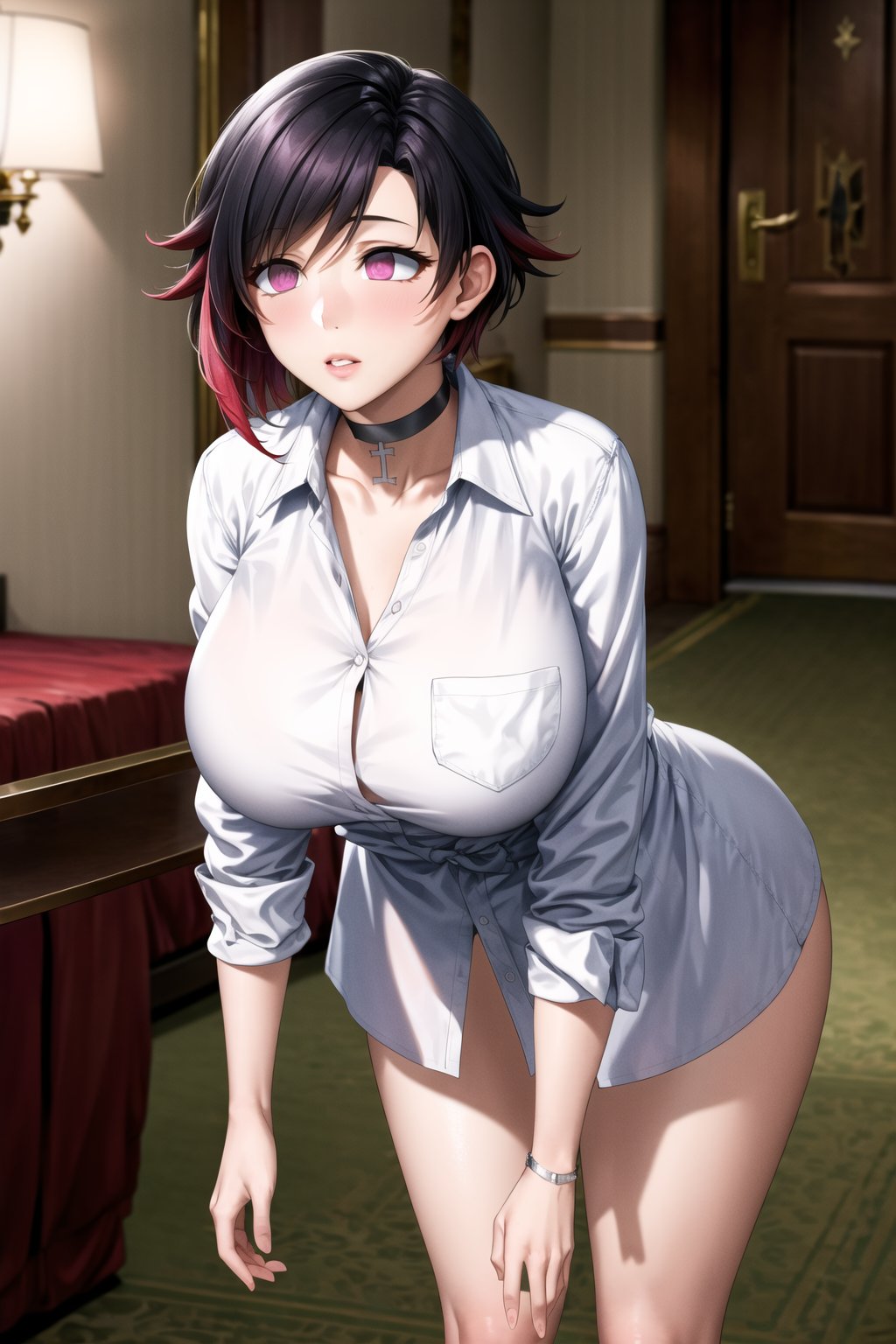 masterpiece, best quality, highres, ,((ruby rose)), Slouching, lips,  huge breasts, choker, leaning forward,hotel,aisle, indoors, love hotel, empty eyes, pink eyes, purple eyes,shirt, white shirt