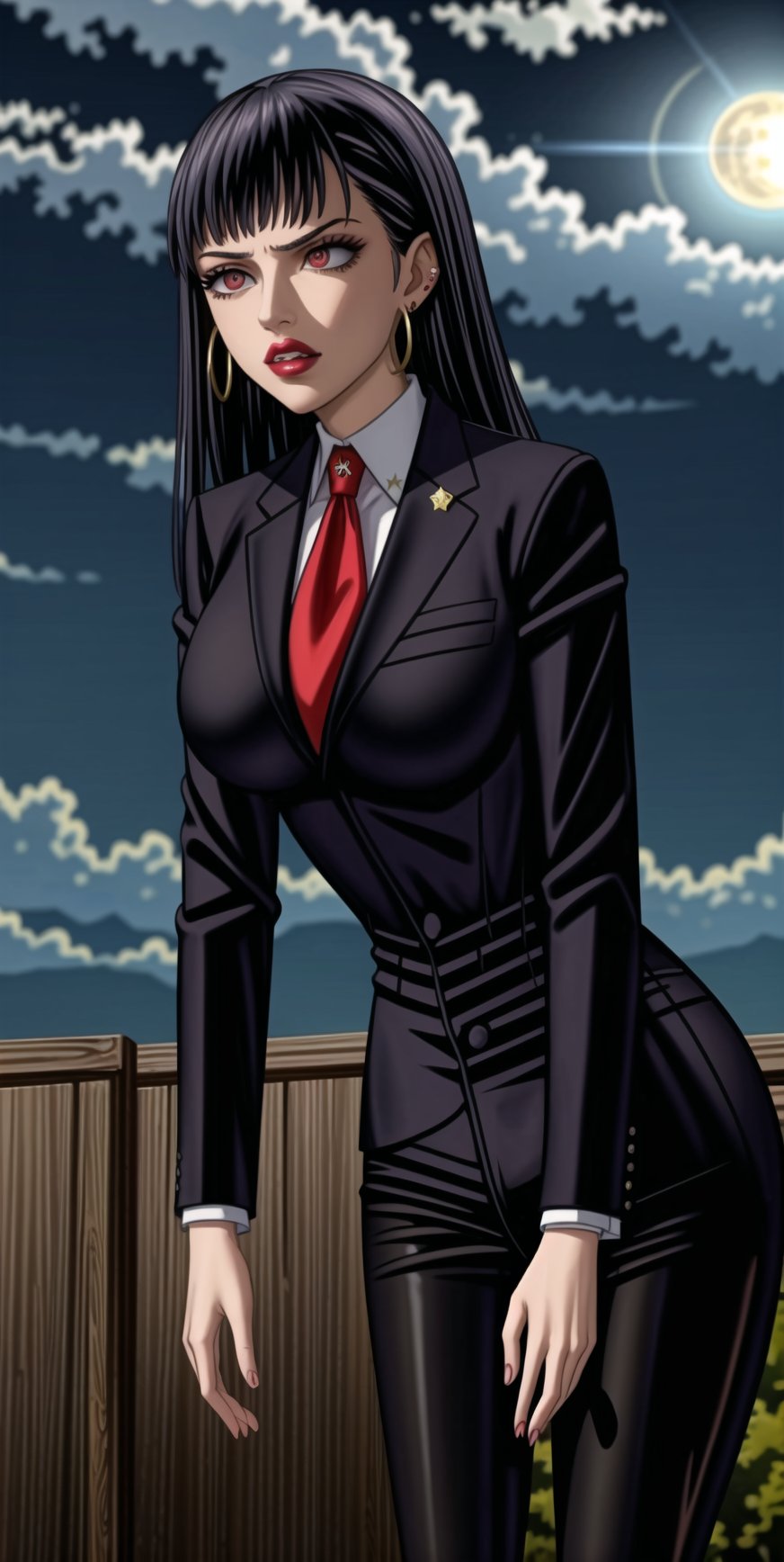 noelle_silva, bangs, ((black hair)), ((long hair)),  (((hoop earrings, makeup, lips))), ((large breast)) ,(((narrow_waist))), ((((black suit, black pants)))), white shirt, red necktie, 1girl, earrings, jewelry, night, solo, outdoors, city, star \(sky\), ((red necktie:1.2)), moon, night sky, red eyes, starry sky, sky, shirt, moonlight, formal, standing, full moon, suit, cowboy shot, day,  pants, blue sky,((((black business suit)))), standing,sexy lawyer,(glaring:1.2),glistening skin, (black suit:1.5),  , (((Slouching))),<lora:659111690174031528:1.0>