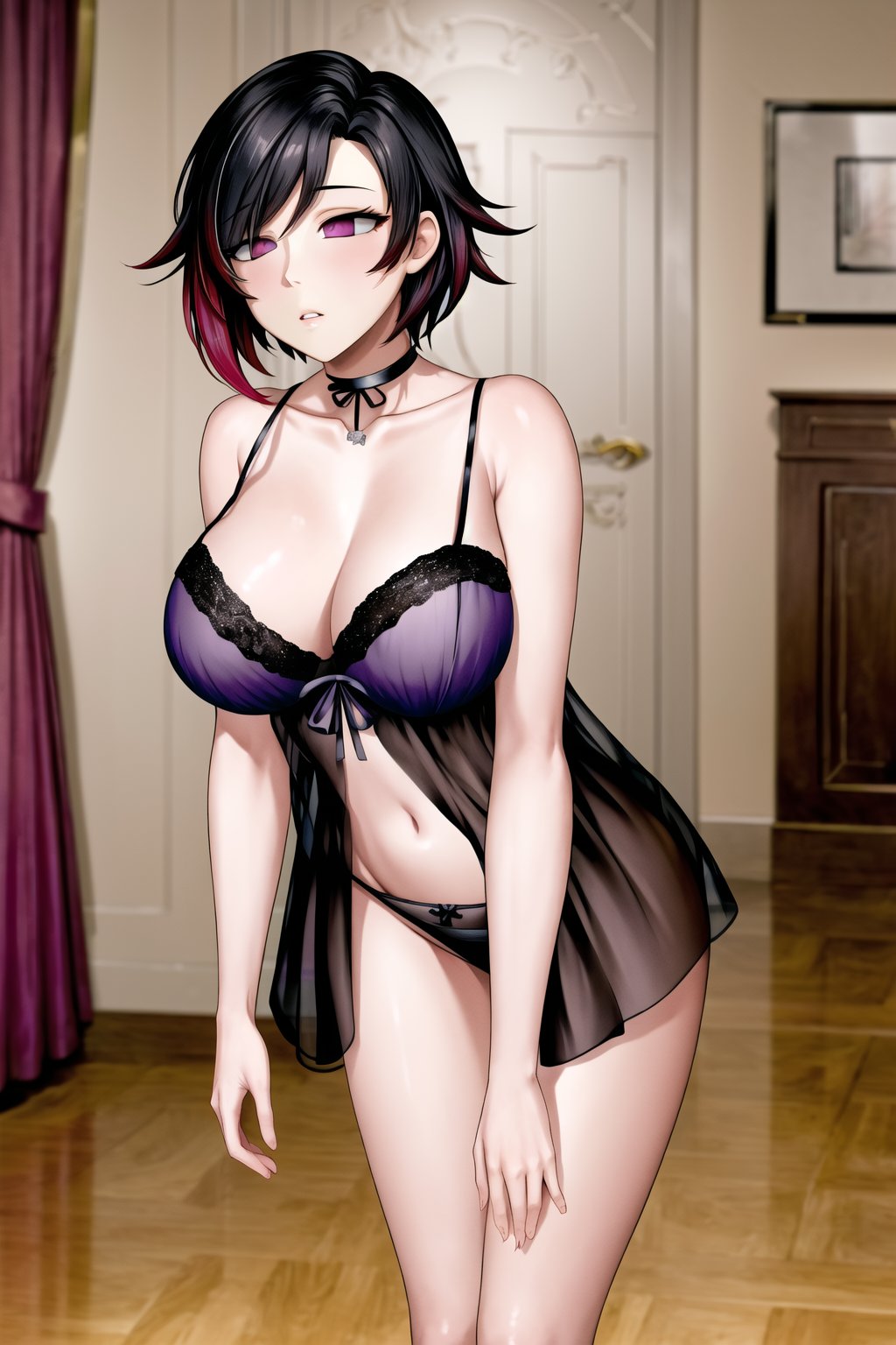 masterpiece, best quality, highres, ,((ruby rose)), (Slouching), lips, expressionless, parted lips,  huge breasts, choker, ((leaning forward)) ,hotel,aisle, indoors, love hotel, empty eyes, pink eyes, purple eyes,babydoll, black color babydoll, black negligee, black panties, thong, navel,thong