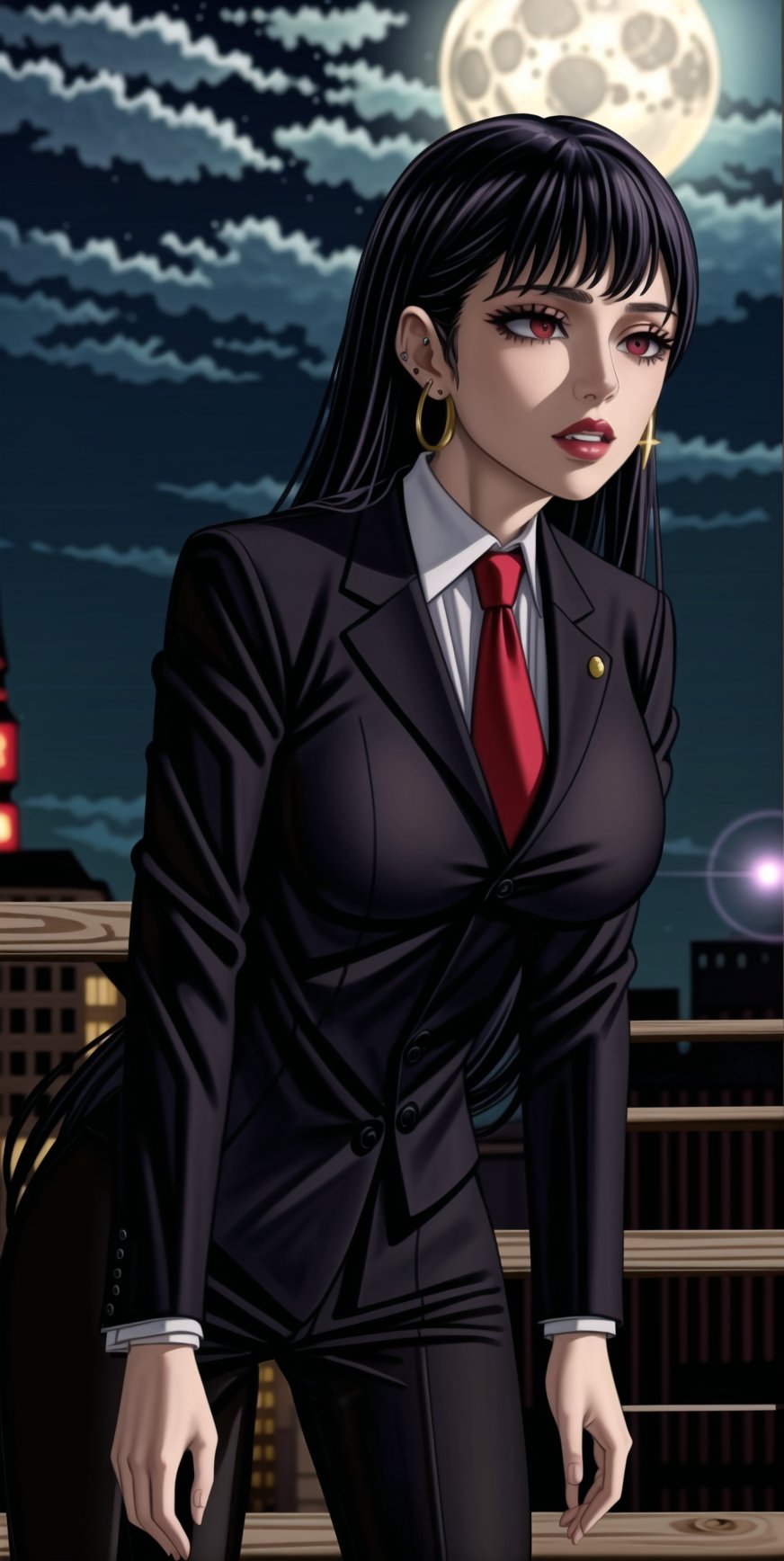 noelle_silva, bangs, ((black hair)), ((long hair)),  (((hoop earrings, makeup, lips))), ((large breast)) ,(((narrow_waist))), ((((black suit, black pants)))), white shirt, red necktie, 1girl, earrings, jewelry, night, solo, outdoors, city, star \(sky\), ((red necktie:1.2)), moon, night sky, red eyes, starry sky, sky, shirt, moonlight, formal, standing, full moon, suit, cowboy shot, day,  pants, blue sky,((((black business suit)))), standing,sexy lawyer,(parted lips:1.2),glistening skin, (black suit:1.5),  , (((Slouching))),<lora:659111690174031528:1.0>