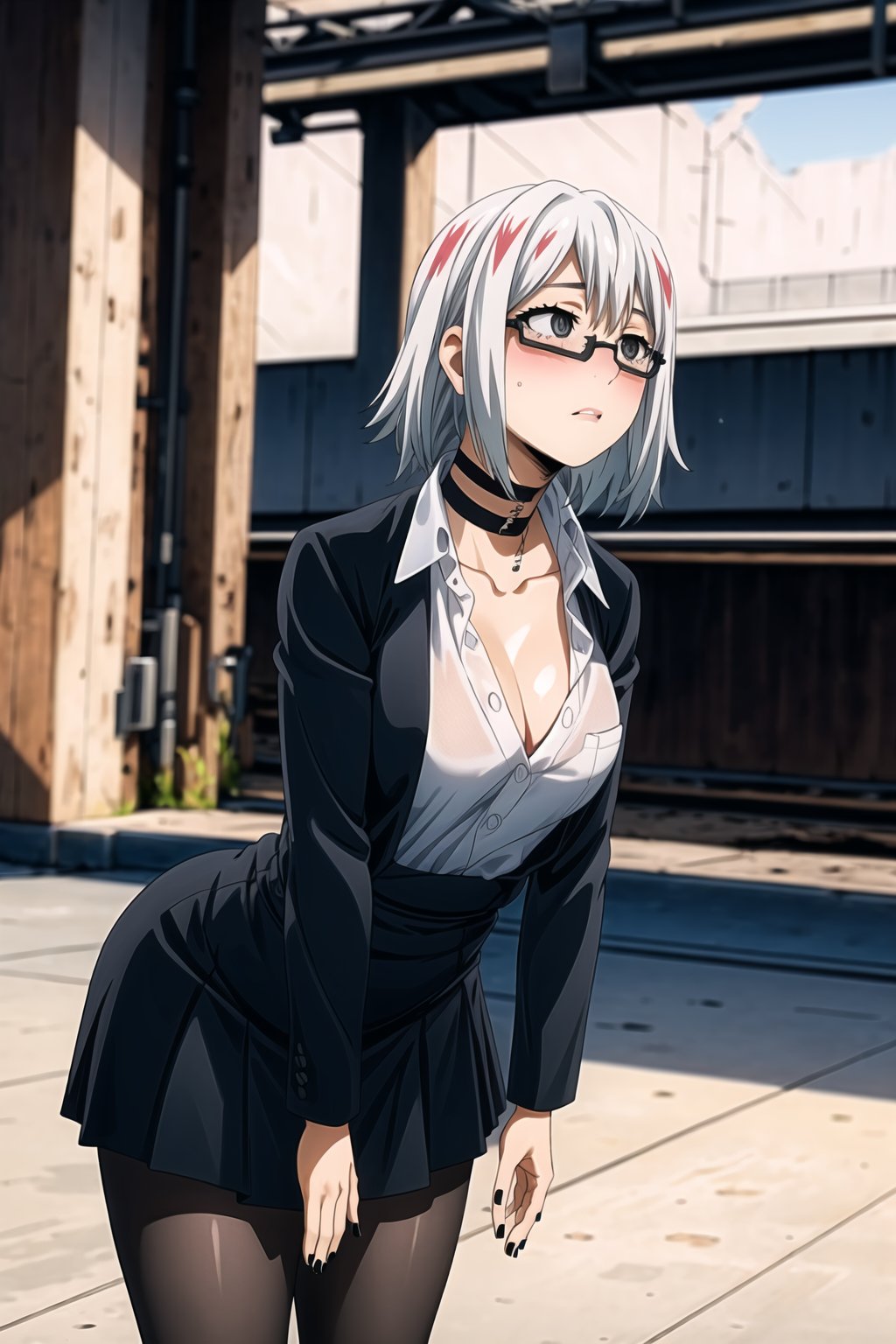 ((best quality)),  ((highly detailed)),  masterpiece,  ((official art)), solo, 1girl,   lips,black nails ,Fuyumi todoroki :1.2, (glasses),blush, expressionless, skirt,unbuttoned:1.2,pencil skirt, choker, shirt, cleavage, long sleeves, miniskirt, ((large breasts)),(narrow waist:1.2), pantyhose, black skirt, breasts, high-waist skirt, white shirt,  black choker, dress shirt, black legwear, train station, train,Slouching,leaning forward,empty eyes,