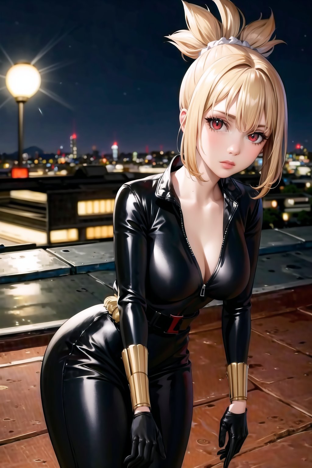 masterpiece, best quality, (red eyes), ((expressionless)),lips, (black bodysuit), cleavage, black belt, black gloves, bracelet, cityscape, looking at viewer, night, rooftop, Black pants, latex, long_sleeves,looking_at_viewer blkwidow,StandingAtAttention,kohaku, blonde hair, Black hair_scrunchie, ponytail, bang, sidelocks,Slouching, 