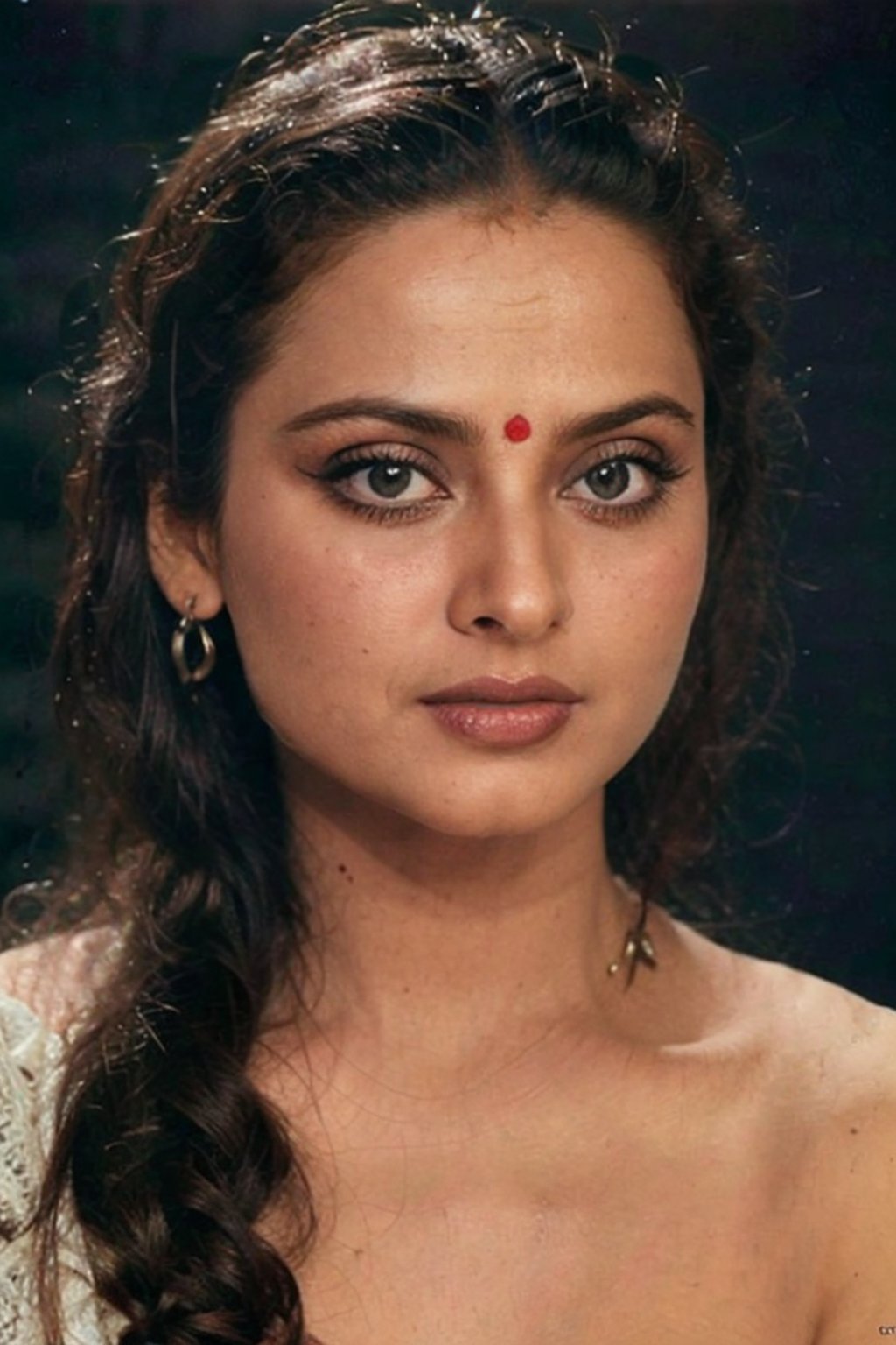 lifelike rendering, immersive atmosphere, impeccably detailed, visually stunning, transfixing looks, emotive depth, artistic emotionality, compelling glances, vintage portrait photograph of Rekha, sepia tones, classic studio photograph, delicate features, black background, natural lighting, Intense Shadow,