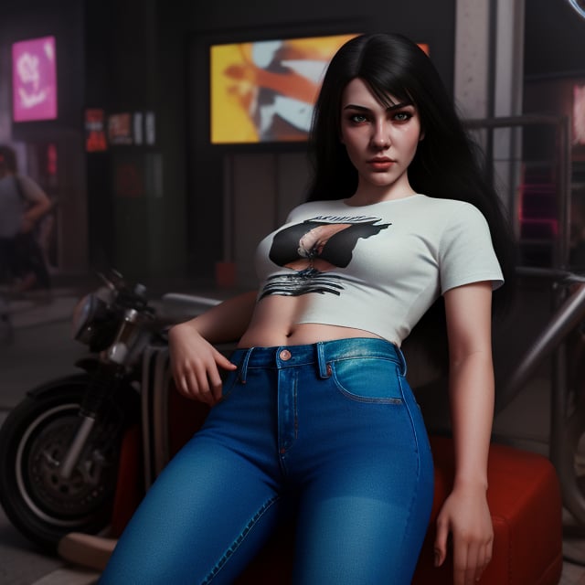 best quality, realistic, masterpiece, trends on artstation, 1girl, cyberpunk, neon lights, cyborg, jeans, t-shirt, black hair, CamiCamTA