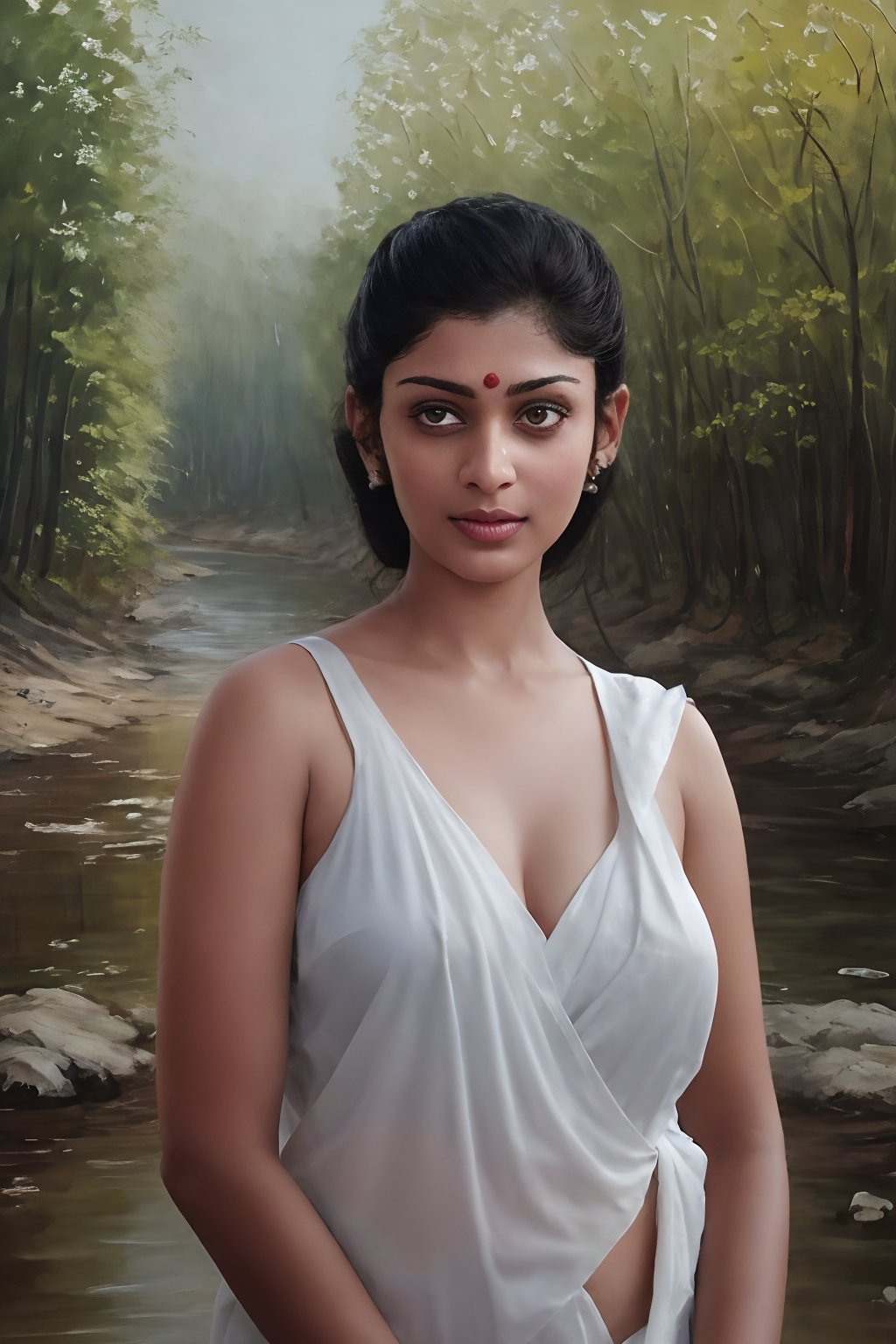 Malayalam movie actress unni mary:1.5,(((masterpiece))), (((best quality))), ((ultra-detailed)), (illustration), ((an extremely delicate and beautiful)),dynamic angle,floating, (beautiful detailed eyes), (detailed light) (1girl), loli, small_breasts, floating_hair,  glowing eyes, pointy_ears, white hair, green eyes,halter dress, feather, leaves, nature, (sunlight), river, (forest),(painting),(sketch),(bloom)