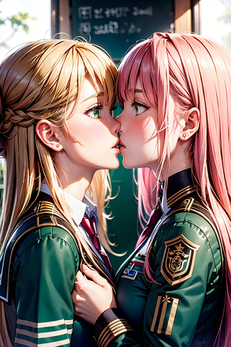 long hair,breasts,blush,multiple girls,blonde hair,brown hair,red eyes,2girls,jewelry,school uniform,green eyes,pink hair,earrings,parted lips,necktie,indoors,yuri,looking at another,uniform,lips,window,red necktie,kiss,breast press,eye contact,half updo,classroom,stud earrings,imminent kiss,school