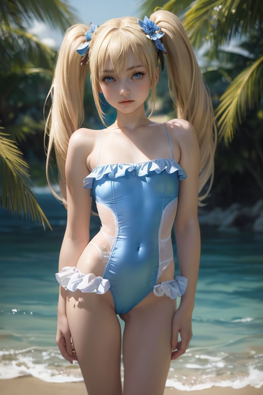 best quality, (realistic:1.3), masterpiece, 1girl, solo, marie rose, frilled swimsuit, slingshot swimsuit, blonde hair, long hair,wide hips, blue eyes, twintails, blue one-piece swimsuit, x hair ornament, looking at viewer, bare shoulders, hair ornament, small breasts, long legs, skindentation, 