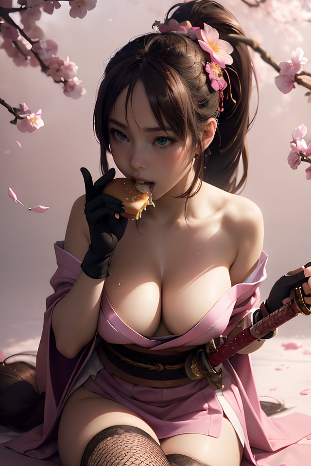 best quality,masterpiece,realistic, 1girl, breasts, eating, food, burger, weapon, sword, solo, green eyes, sitting, thighhighs, cleavage, large breasts, long hair, brown hair, ponytail, cherry blossoms, gloves, bangs, ninja, sheath, braid, cheese, flower, japanese clothes, hair ornament, open mouth, blush, katana, fingerless gloves, pink background, (holding food,:1.3) sheathed, sash, obi, holding, hair flower, fishnets, teeth, bare shoulders, thighs, kimono, black gloves, petals,(natural skin texture, hyperrealism, soft light, muted colors), background,hyperrealistic, volumetric light,