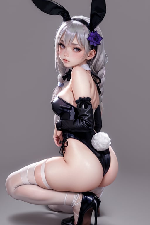 kaine (nier), 1girl, hair flower, animal ears, flower, solo, breasts, bandages, hair ornament, rabbit ears, high heels, bow, bandaged arm, bandaged leg, fake animal ears, bowtie, playboy bunny, braid, looking at viewer, bandaged neck, leotard, bangs, thigh strap, cleavage, black bow, detached collar, black footwear, ass, simple background, white leotard, purple background, strapless leotard, strapless, dated, detached sleeves, medium breasts, closed mouth, sitting, blush, thighhighs, asymmetrical hair, black bowtie, grey hair, blue background