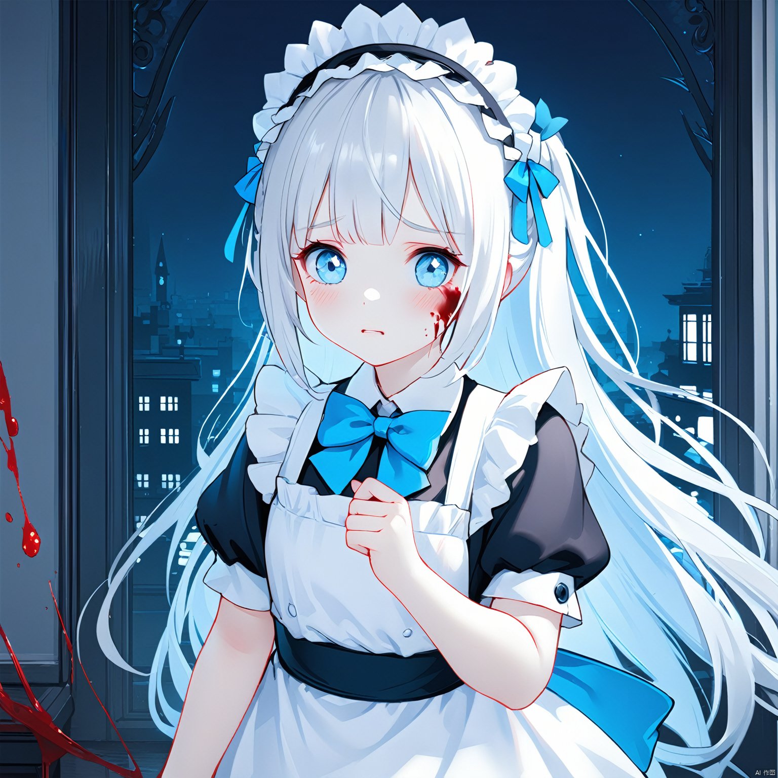 finely detail, Depth of field, (((masterpiece))), ((extremely detailed CG unity 8k wallpaper)), best quality, high resolution illustration, Amazing, highres, intricate detail, best illumination, best shadow, , (late at night), night, (Dark blue theme), Depth of field, window, White curtains, 1girl, solo, bangs, blood on face, dark persona, white hair, Blue bow tie, maid, Short sleeve, apron, maid headdress, long hair, hand on own chin, teary-eyed, blood on clothes, blood, maid apron