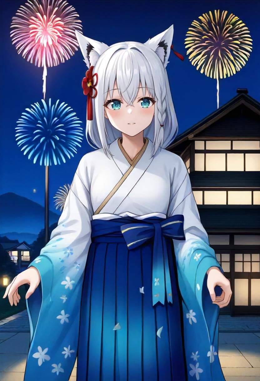 score_9 BREAK source_anime, 1girl, japanese town, night, fireworks, cowboy shot, fubukinewyears, white kimono, blue bow, blue hakama, japanese clothes, hair flower, white hair, single side braid<lora:fubukiXL-07:0.9>