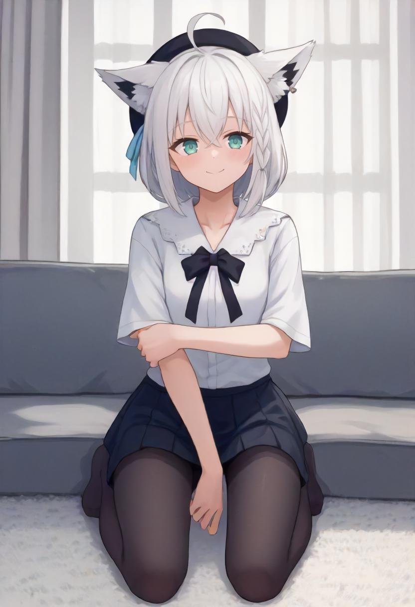 score_9 BREAK source_anime, 1girl, full body, sitting, living room, couch, fubukicasual, (white shirt, white bow), beret, black skirt, (black pantyhose), white hair, single side braid, ahoge, light smile, holding tea<lora:fubukiXL-07:0.9>