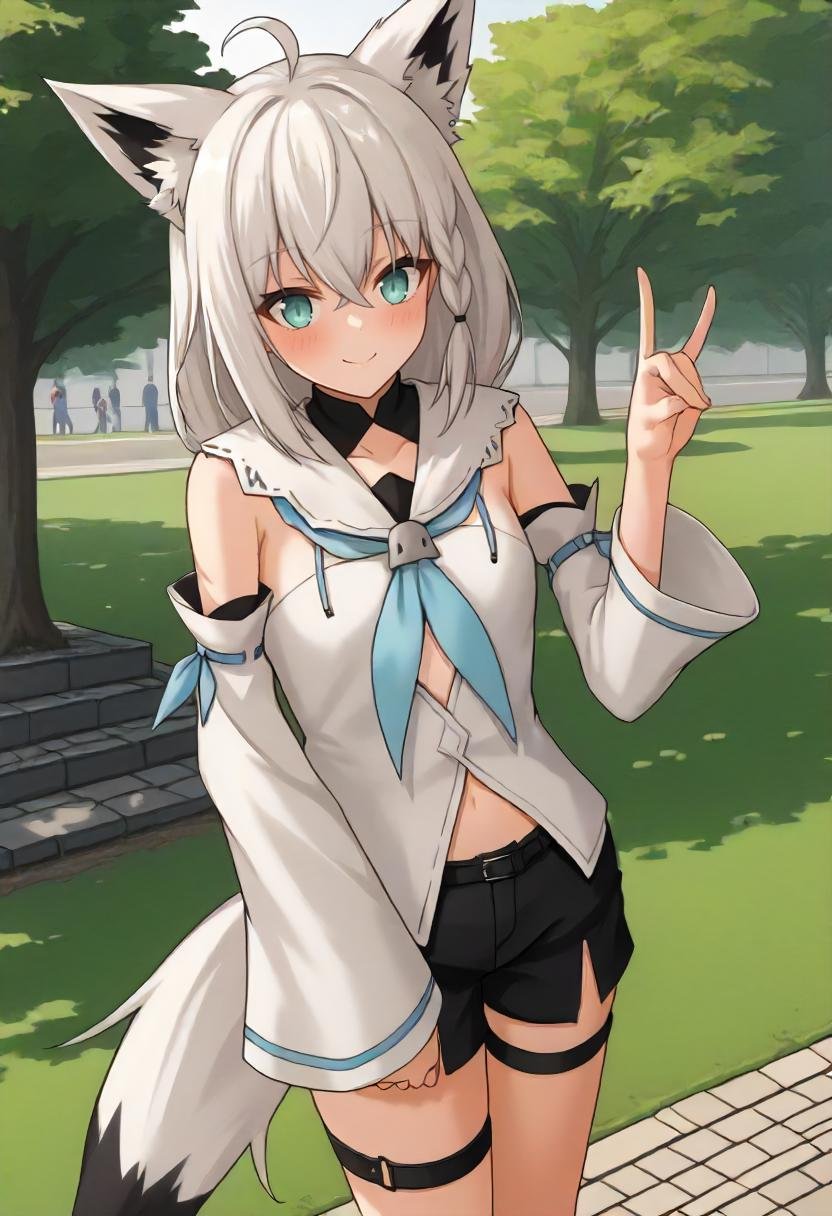 score_9 BREAK source_anime, 1girl, cowboy shot, fubukibase, park, grass, cobblestone, white blouse, detached sleeves, black shorts, blue neckerchief, thigh strap, single thighhigh, white hair, single side braid, fox tail, ahoge, light smile, fox shadow puppet<lora:fubukiXL-07:0.9> 