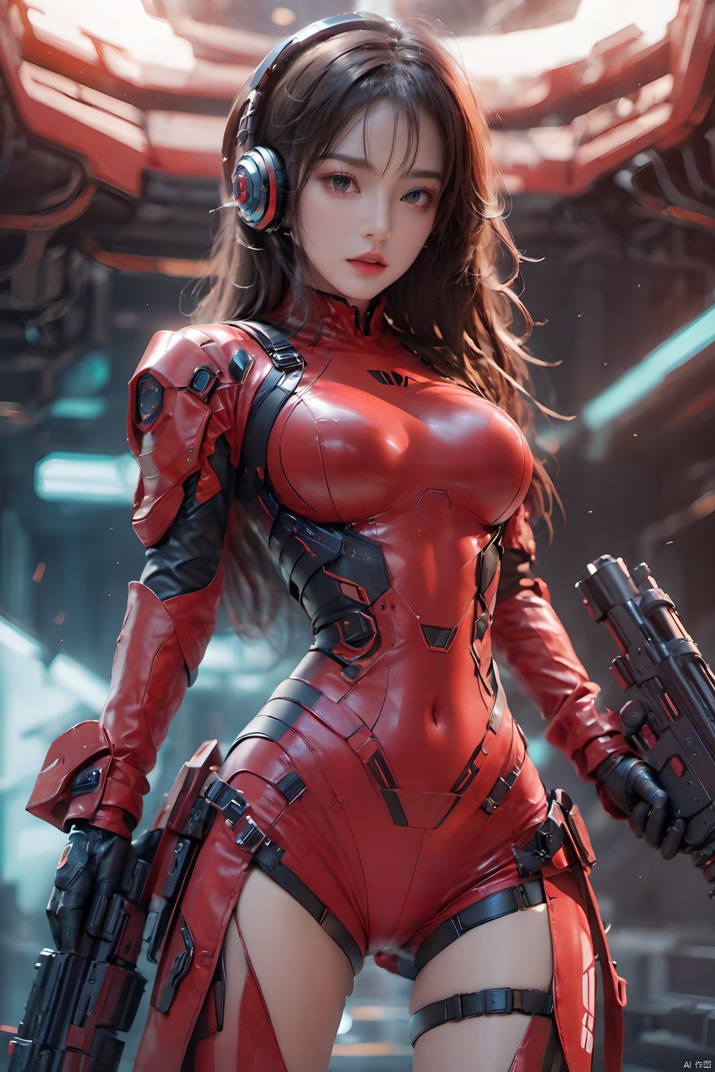 1girl,Future style gel coat,Future Combat Suit,Futuristic Rifle,belt,breasts,gloves,Futuristic Pistol,headphones,holding gun,holding weapon,Red clothing,Futuristic jacket,The glowing machinery behind the back,Dynamic pose,lips,long hair,looking at viewer,medium breasts,nose,parted lips,red lips,solo,thigh holster,thigh strap,Exposed thighs, 1girl