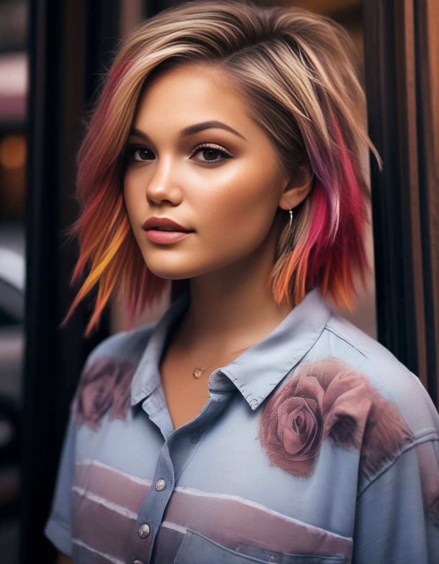 OliviaHolt,  A realistic photograph of a stunning girl with [colorful hair] with [dark roots],  a [small nose] by parar20...