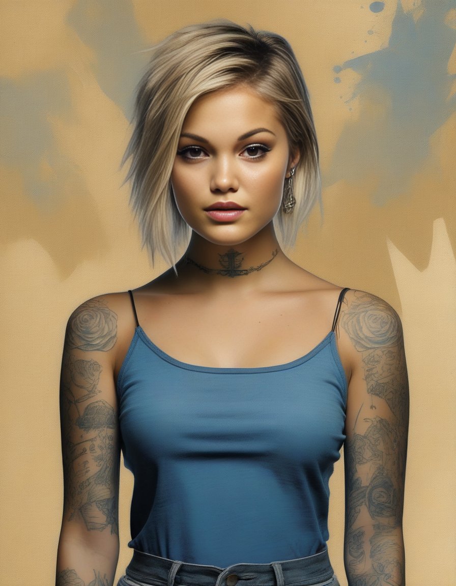 OliviaHolt,  an illustration of a girl with tattoos on a grunge background,  in the style of bo chen by parar20 on Tensor.Art