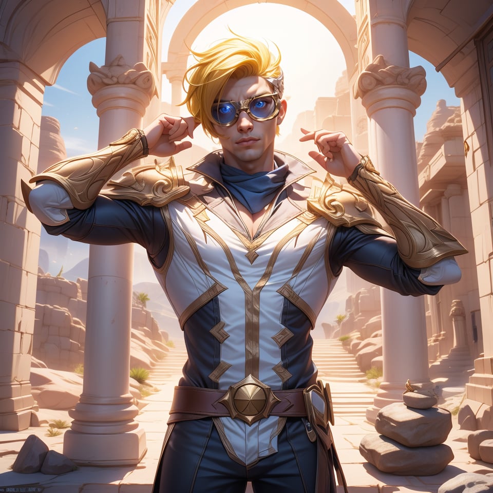 (masterpiece), (ultra detail), (intricate armor), sleague of legends, Ezreal, adventurer explorer costume, adventure glasses on head, short spike yellow hair, posing on the stone stack desert sanctuary background,3D MODEL