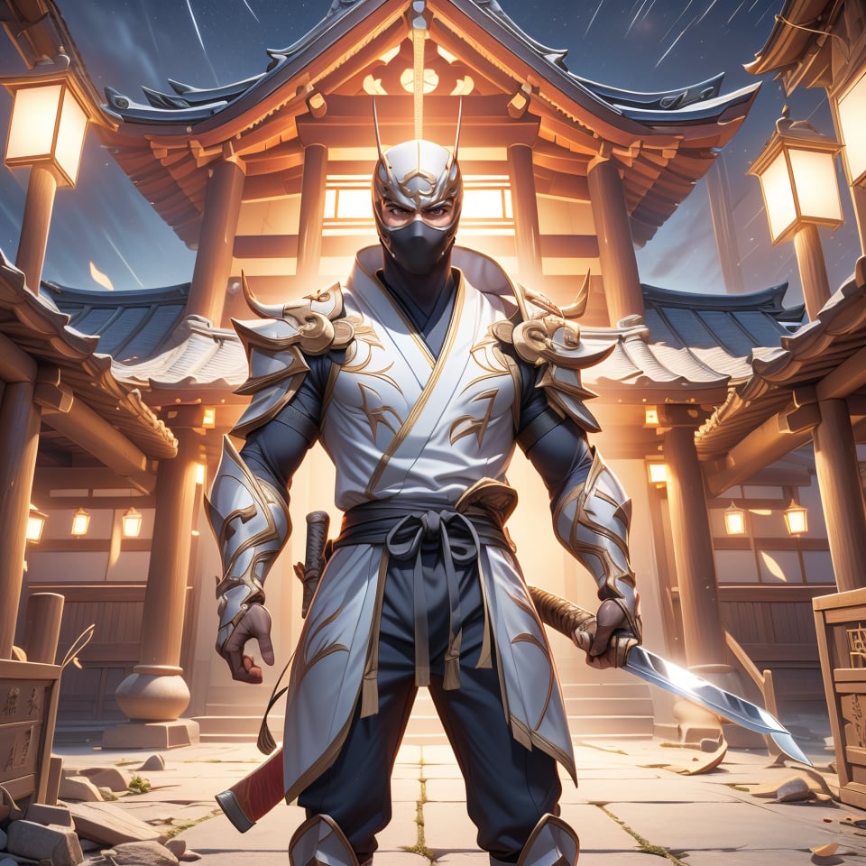 ((masterpiece), (ultra detail), (intricate armor), shen, male, Ninja, ninja mask, sword on back, Ninja head band, ninja hoodle, ninja costume. on the abandoned temple background, Japanese temple, (night:1.4), 3D MODEL