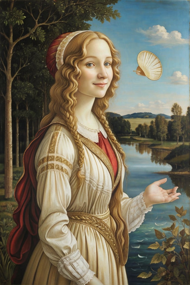 Masterpiece, oil painting, 18 year old girl, very long golden hair, detailed realistic face, smile, facing viewer, standing in giant scallop shell, kind, loving, water, trees, sky, venus