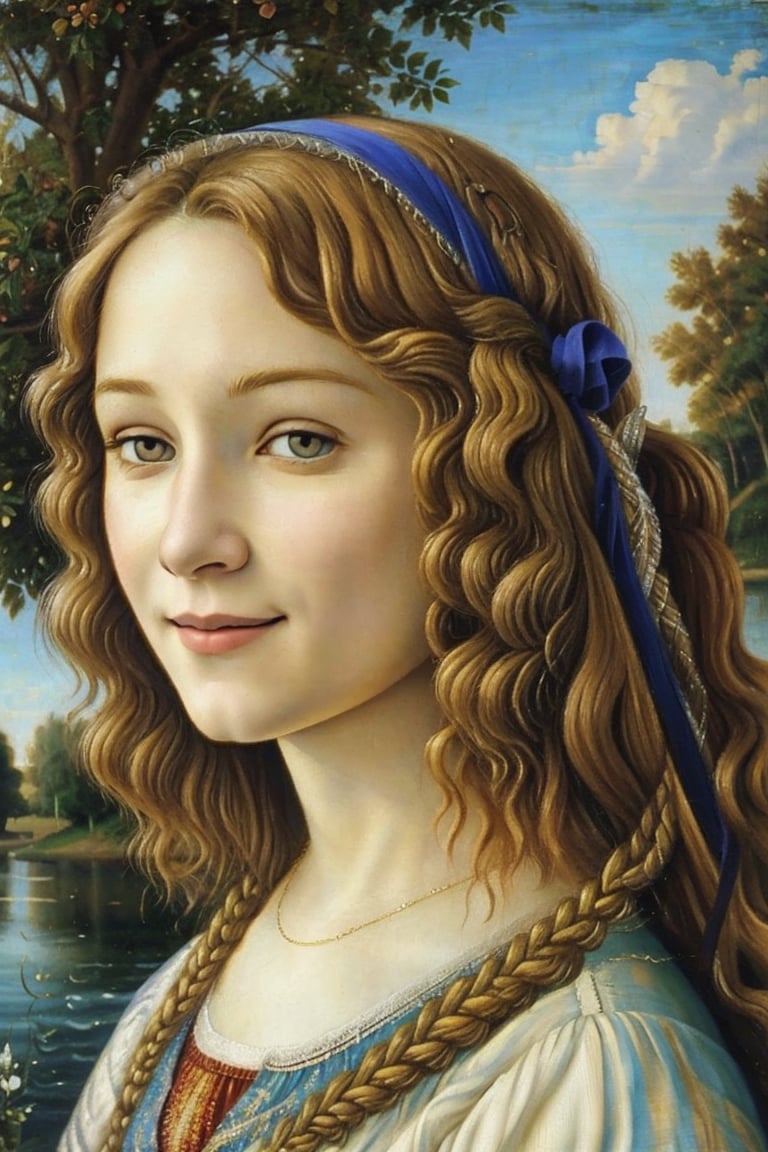 Masterpiece, oil painting, 18 year old girl, very long golden hair, detailed realistic face, smile, facing viewer, kind, loving, water, trees, sky, venus