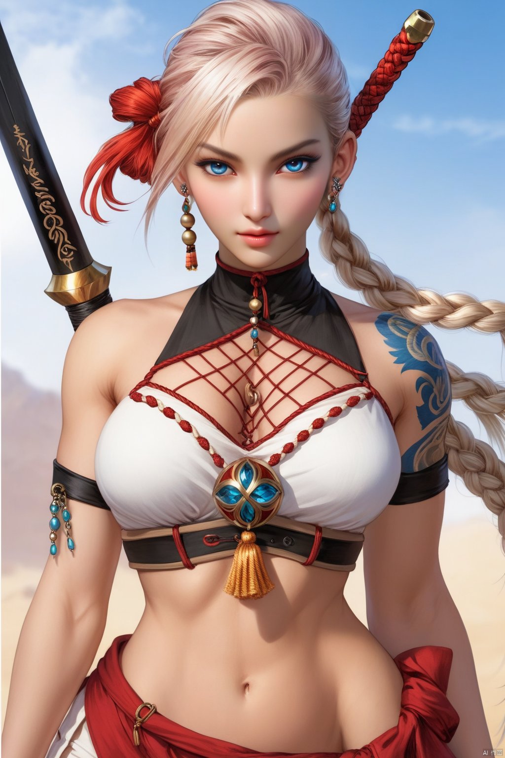  masterpiece, best quality, , 1girl, solo, long hair, breasts, looking at viewer, bangs, blue eyes, large breasts, simple background, hair ornamen,t white background, navel, holding, jewelry, very long hair, collarbone, weapon, braid, white hair, thighs, nude, cowboy shot, earrings, stomach, holding weapon, hair over one eye, tattoo, polearm, tassel, spear, braided ponytail, pasties, holding polearm, pubic tattoo, tassel earrings, maebari, shenhe \(genshin impact\), Artgerm style