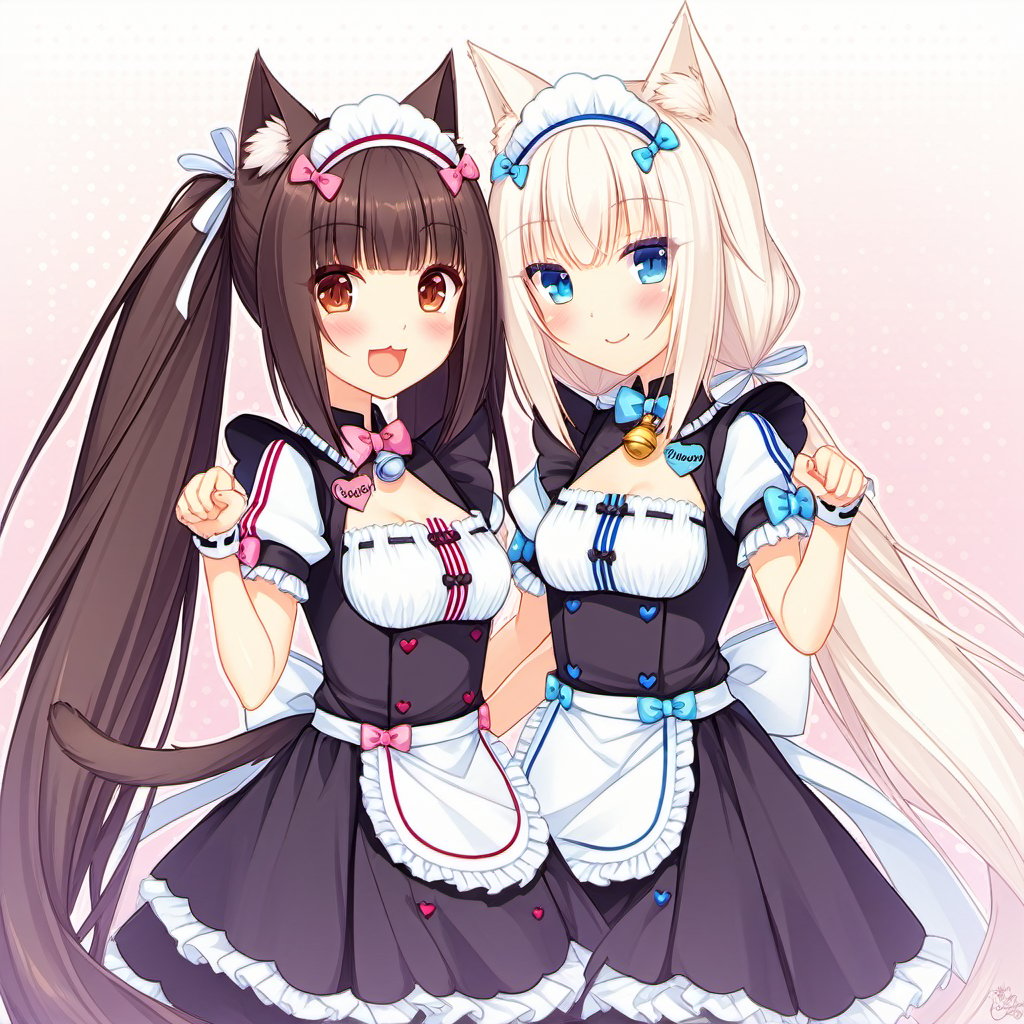 <lora:Hans-Nekopara-base-v2-000010:0.8>,nekopara,Chocola_\(nekopara\), Coconut_\(nekopara\), multiple girls, , multiple_girls, 2girls, animal_ears, cat_ears, long_hair, bow, smile, apron, blue_eyes, maid_headdress, open_mouth, bell, twintails, tail, breasts, cat_tail, looking_at_viewer, bowtie, waist_apron, cleavage_cutout, short_sleeves, maid, holding_hands, jingle_bell, bangs, :d, brown_hair, brown_eyes, :3, very_long_hair, clothing_cutout, blunt_bangs, puffy_short_sleeves, cleavage, wrist_cuffs, white_hair, puffy_sleeves, small_breasts, frills, cat_girl, artist_name, paw_pose, name_tag, low_twintails, ribbon, interlocked_fingers, hair_ribbon, pink_bow, slit_pupils, signature, frilled_apron, animal_ear_fluff, blush, blue_bow, dress, white_apron, medium_breasts