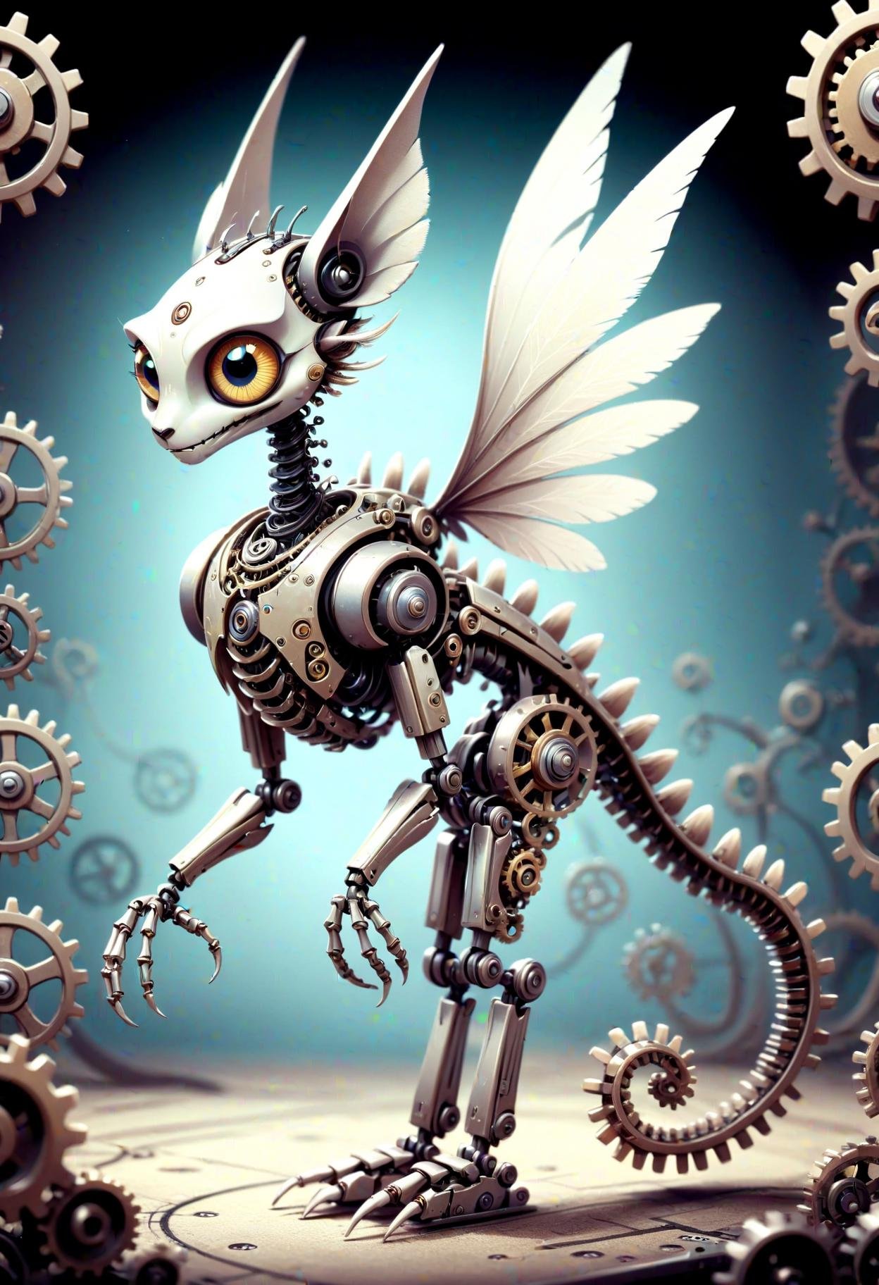 DonMD4rkT00nXL 2D illustration small whimsical undulating polished robotic existence, legless single-armed, furry appendages,  long-tailed, iridescent skin,    mechanical wings made of gears and cogs and clockwork,  <lora:DonMD4rkT00nXL-000008:1>