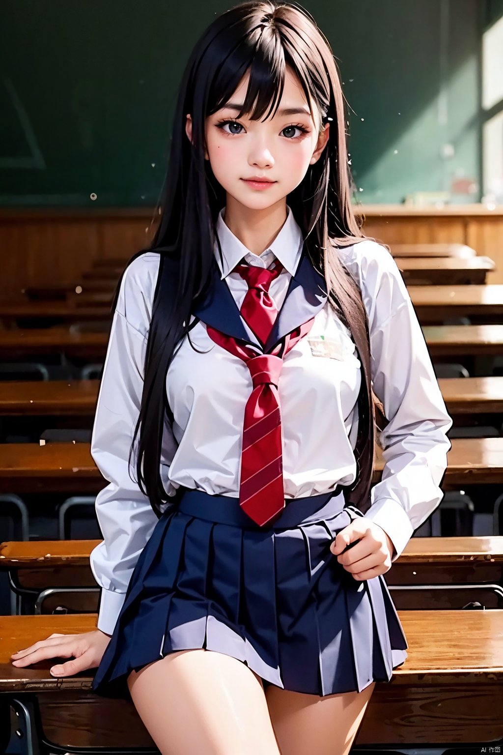  1 girl, solo, looking at the audience,, long hair,school_uniform,