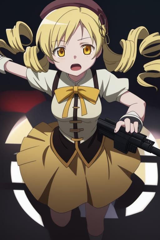 best quality, masterpiece, highres, solo, blonde_hair, drill_hair, twin_drills, twintails, hair_ornament, yellow_eyes, magical_girl, 1girl, beret, gun, hat, parody, weapon, open_mouth