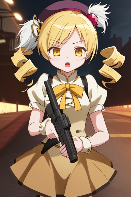 best quality, masterpiece, highres, solo, blonde_hair, drill_hair, twin_drills, twintails, hair_ornament, yellow_eyes, magical_girl, 1girl, beret, gun, hat, parody, weapon, open_mouth