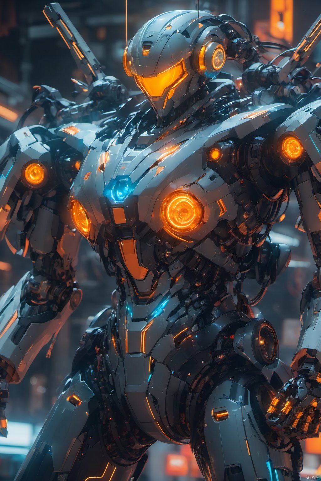  (masterpiece, best quality:1.2),robot,cable,Mecha,Full mecha,full body, cyborg, glowing, glowing eyes,Luminous mecha,Samurai mecha,Orange and blue light sources,White camera on the side head and aircraft wing structure,Black mecha,Mini mecha,Multi light source mecha, grey background, mecha, power armor, realistic, robot, robot joints, science fiction, solo, weapon