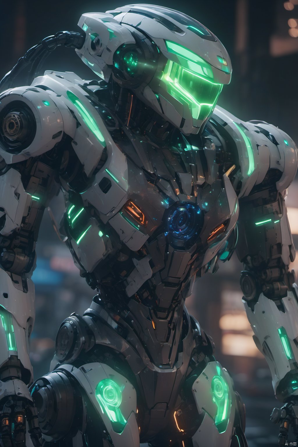  (masterpiece, best quality:1.2),robot,Mecha,Full mecha,Close ups, blurry background, chromatic aberration, cyberpunk,Full body multiple light sources,Streamlined mecha,White mecha,Green light source mecha,The head looks like a robot from Star Wars,Multi light source mecha,Super complex mechanical structure, cyborg, depth of field, machinery, mechanical parts, motion blur, realistic, robot, science fiction, solo