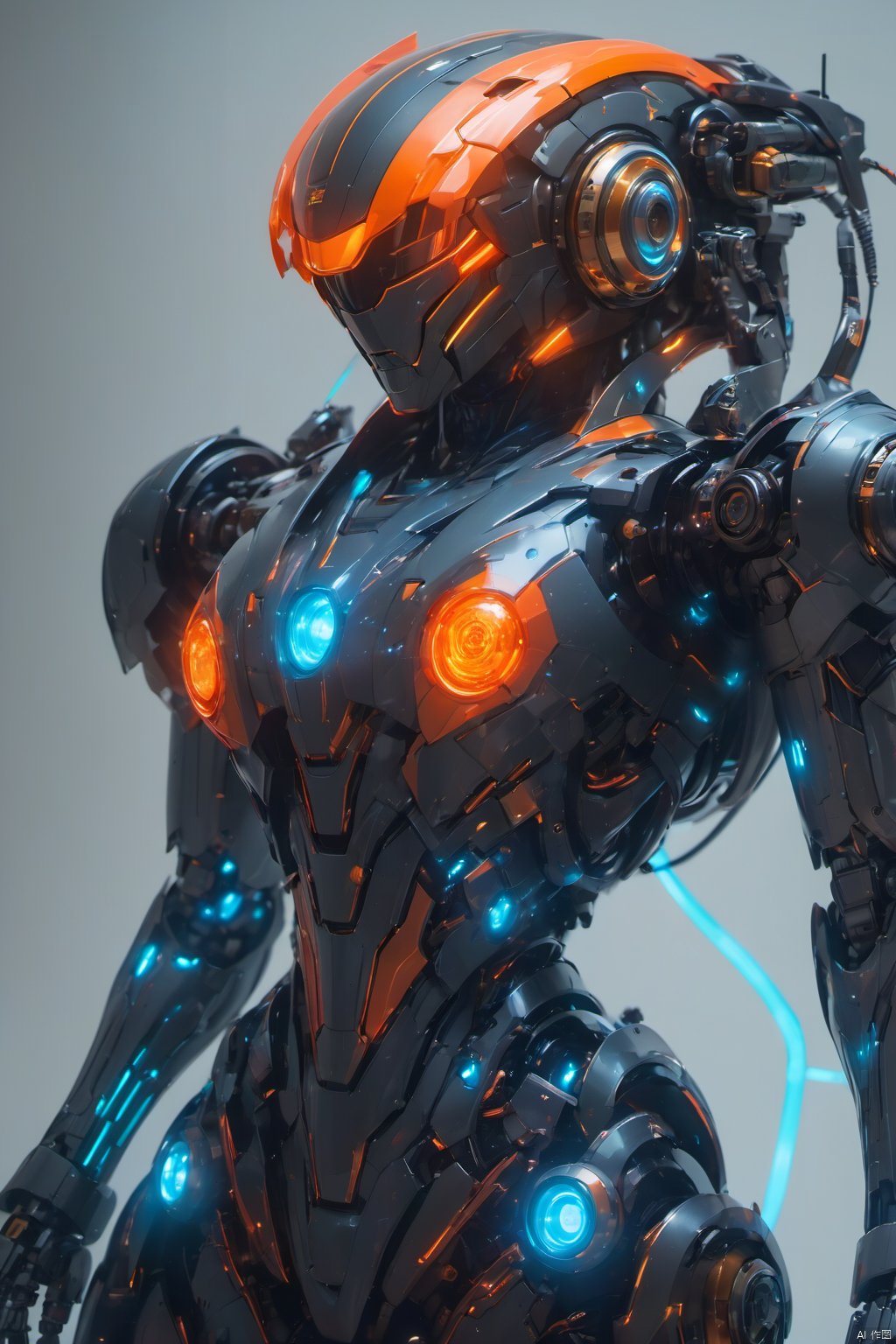 (masterpiece, best quality:1.2),robot,1girl,Mecha,Full mecha,Close ups, cable,Full body multiple light sources,Super complex head structure,Black mecha,Facial resemblance to Transformers mecha,A multi edged mecha,Lateral body,Blue and orange light source mecha,Multi light source mecha,Super complex mechanical structure, cyberpunk, glowing, glowing eyes, mechanical parts, robot, science fiction, solo