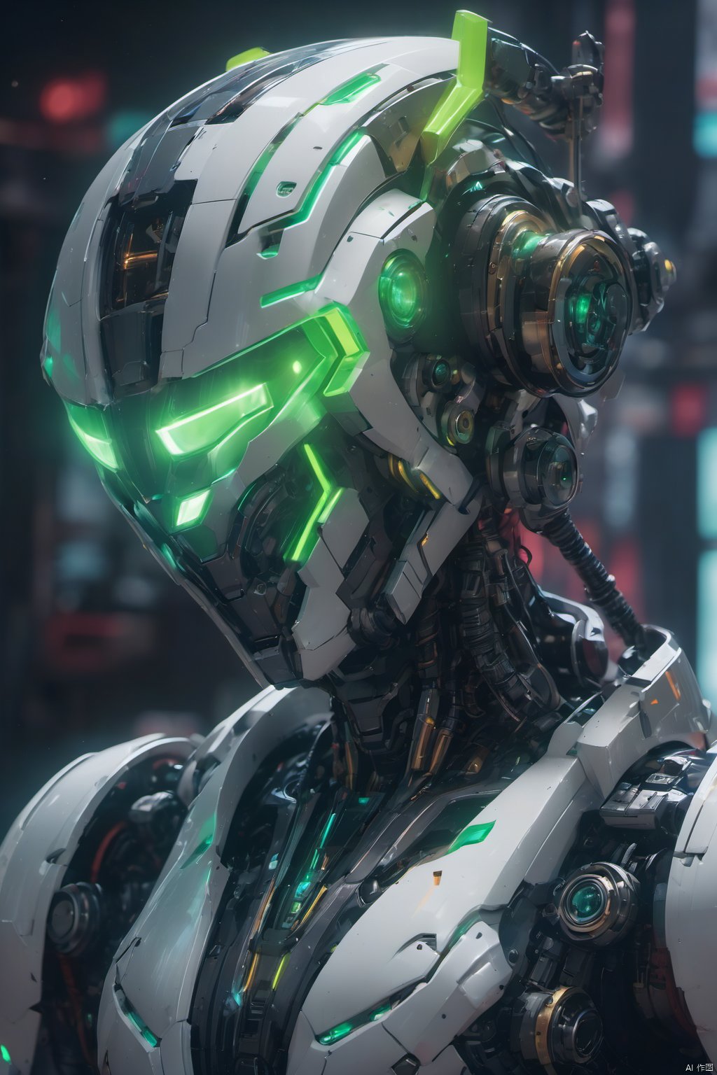  (masterpiece, best quality:1.2),robot,Mecha,Full mecha,Close ups, blurry background, chromatic aberration, cyberpunk,Full body multiple light sources,Streamlined mecha,White mecha,Green light source mecha,The head looks like a robot from Star Wars,Multi light source mecha,Super complex mechanical structure, cyborg, depth of field, machinery, mechanical parts, motion blur, realistic, robot, science fiction, solo