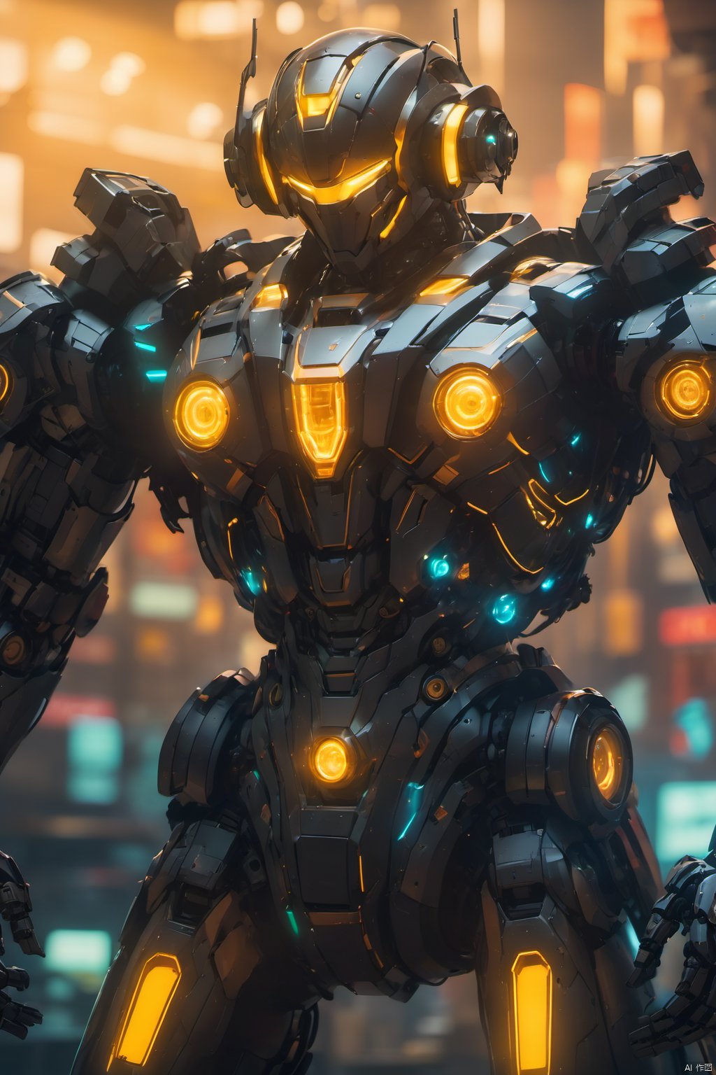  (masterpiece, best quality:1.2),robot,Mecha,Full mecha,Upper body, blurry, blurry background, depth of field, glowing,A multi edged mecha,Black mecha,Luminous camera structure at the shoulder,Facial multiple light sources,Facial resemblance to Transformers mecha,Micro lateral body,Above the buttocks,Multi light source mecha,Luminous mecha, glowing eyes, helmet, mecha, power armor, realistic, robot, science fiction, solo