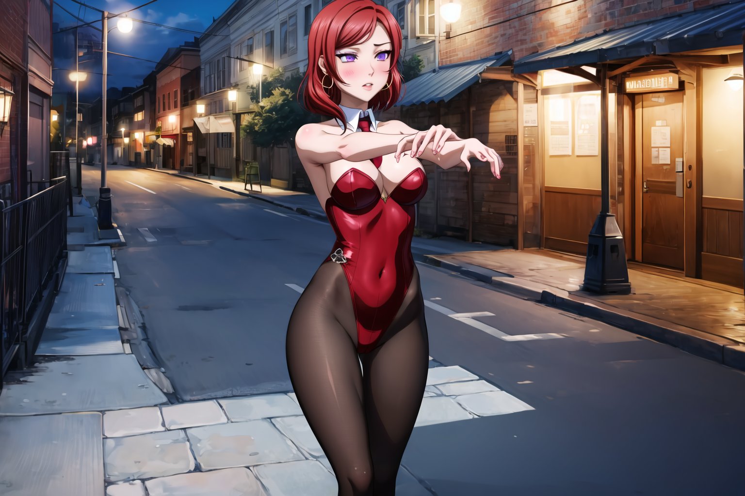 ((best quality)),  ((highly detailed)), masterpiece,1girl, 1girl,  blush, parted lips, expressionless, solo, ,lips, makeup, (aroused), blush ,standing, (hoop earrings:1.2),  blush, outdoors, nishikino maki, red hair, short hair, purple eyes, playboy_bunny_leotard,bunny_suit, leotardo, pantyhose, necktie, bar, nigth club, outdoors, nigth,((zombie walk))