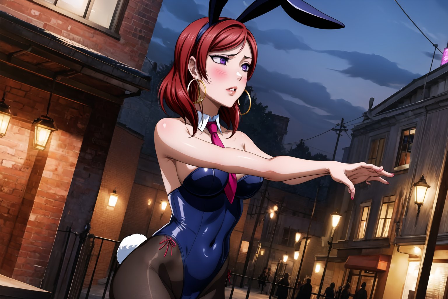 ((best quality)),  ((highly detailed)), masterpiece,1girl, 1girl,  blush, parted lips, expressionless, solo, ,lips, makeup, (aroused), blush ,standing, (hoop earrings:1.2),  blush, outdoors, nishikino maki, red hair, short hair, purple eyes, playboy_bunny_leotard,bunny_suit, leotardo, pantyhose, necktie, bar, nigth club, outdoors, nigth,((zombie walk))