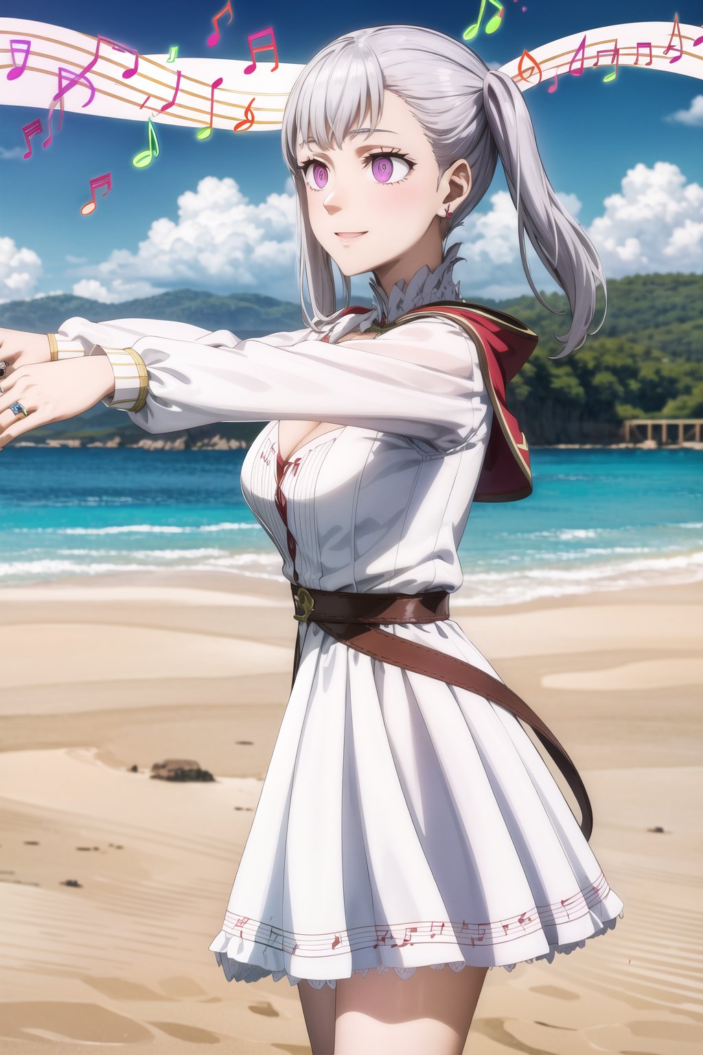 masterpiece, best quality, highres, noelle_silva, twintails, bangs, silver hair, aqua_earrings, ring, zombie walk, from side, (((musical note, eighth note, beamed eighth notes))), smile,  mage_dress,white dress, cleavage, long sleeves, capelet,  blue sky,  day, cloud, water, sand,  ,beach, empty eyes, pink eyes, purple eyes