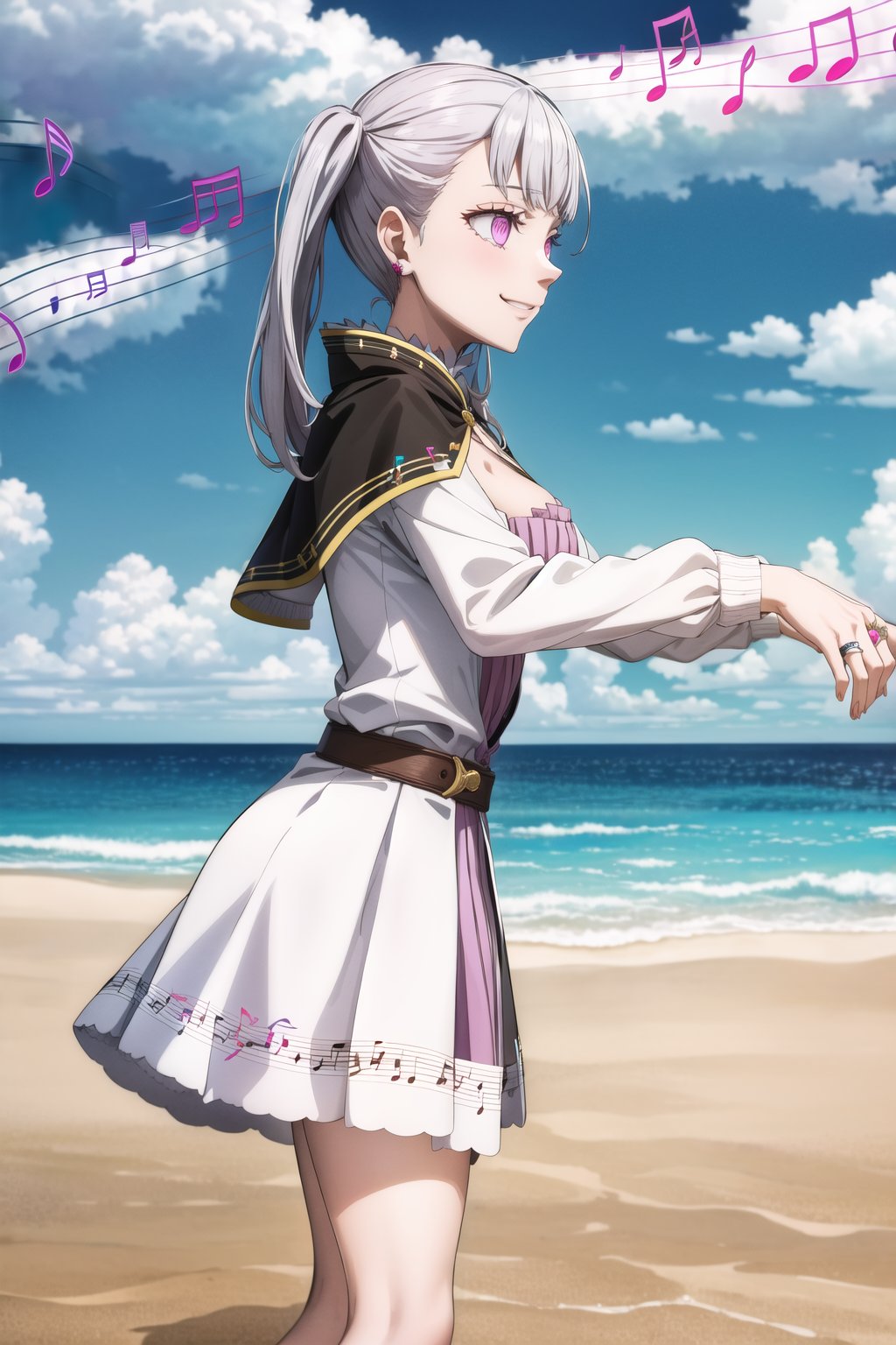 masterpiece, best quality, highres, noelle_silva, twintails, bangs, silver hair, aqua_earrings, ring, zombie walk, from side, from_side :1.2  ((musical note, eighth note, beamed eighth notes)), smile,  mage_dress,white dress, cleavage, long sleeves, capelet,  blue sky,  day, cloud, water, sand,  ,beach, empty eyes, pink eyes, purple eyes