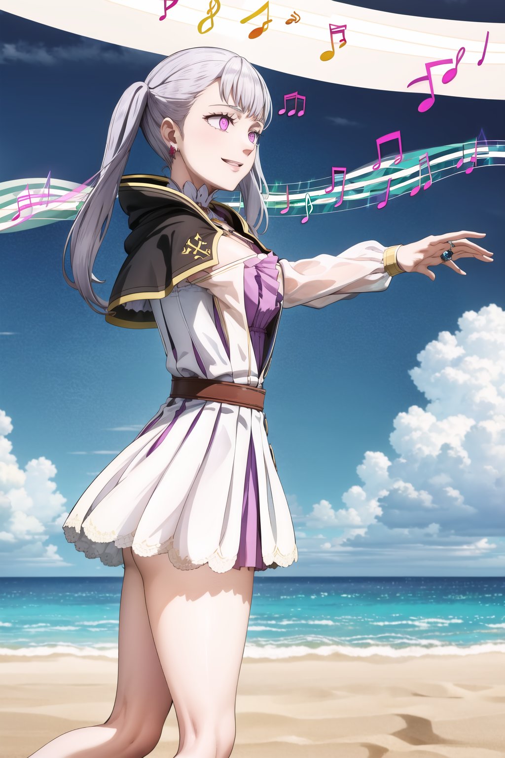 masterpiece, best quality, highres, noelle_silva, twintails, bangs, silver hair, aqua_earrings, ring, zombie walk, from side, from_side :1.2 , (((musical note, eighth note, beamed eighth notes))), smile,  mage_dress,white dress, cleavage, long sleeves, capelet,  blue sky,  day, cloud, water, sand,  ,beach, empty eyes, pink eyes, purple eyes