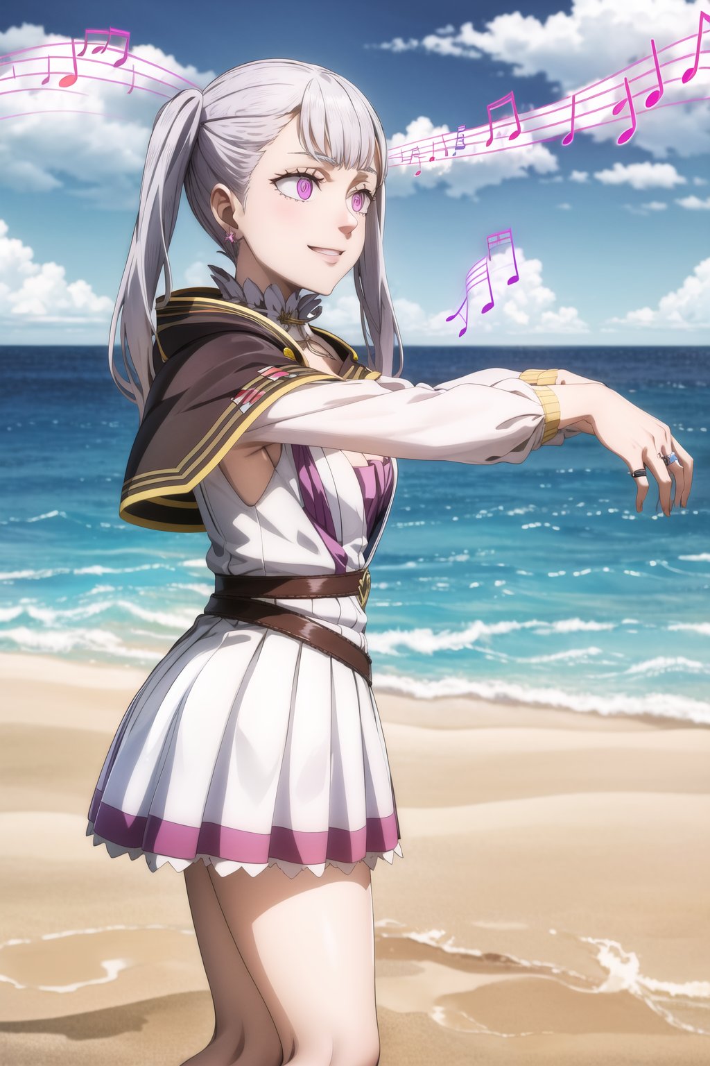 masterpiece, best quality, highres, noelle_silva, twintails, bangs, silver hair, aqua_earrings, ring, zombie walk, from side, from_side :1.2 , (((musical note, eighth note, beamed eighth notes))), smile,  mage_dress,white dress, cleavage, long sleeves, capelet,  blue sky,  day, cloud, water, sand,  ,beach, empty eyes, pink eyes, purple eyes