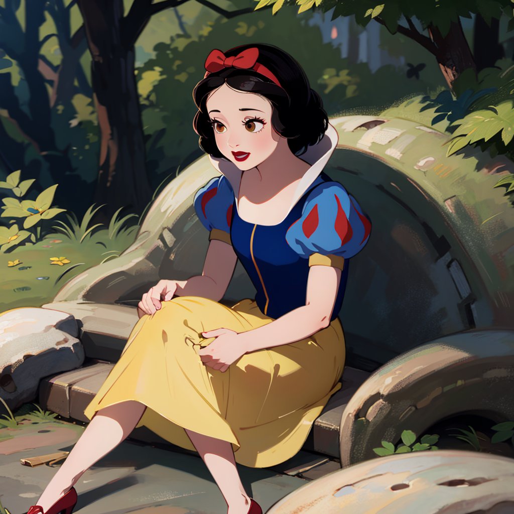 1girl, solo,   snow white, short hair, black hair, bow, brown eyes, lipstick, red lipstick, pale skin,  short sleeves, hair bow, hairband, puffy sleeves, puffy short sleeves, yellow skirt,  <lora:Snow_White_Leaf1-2:0.8>,   sitting, sitting_on_rock