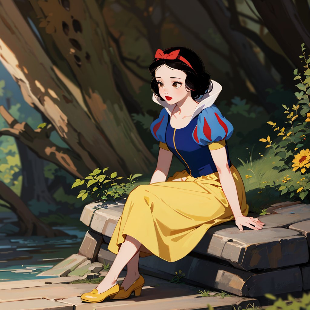 1girl, solo,   snow white, short hair, black hair, bow, brown eyes, lipstick, red lipstick, pale skin,  short sleeves, hair bow, hairband, puffy sleeves, puffy short sleeves, yellow skirt,  <lora:Snow_White_Leaf1-2:0.6>,   sitting, sitting_on_rock